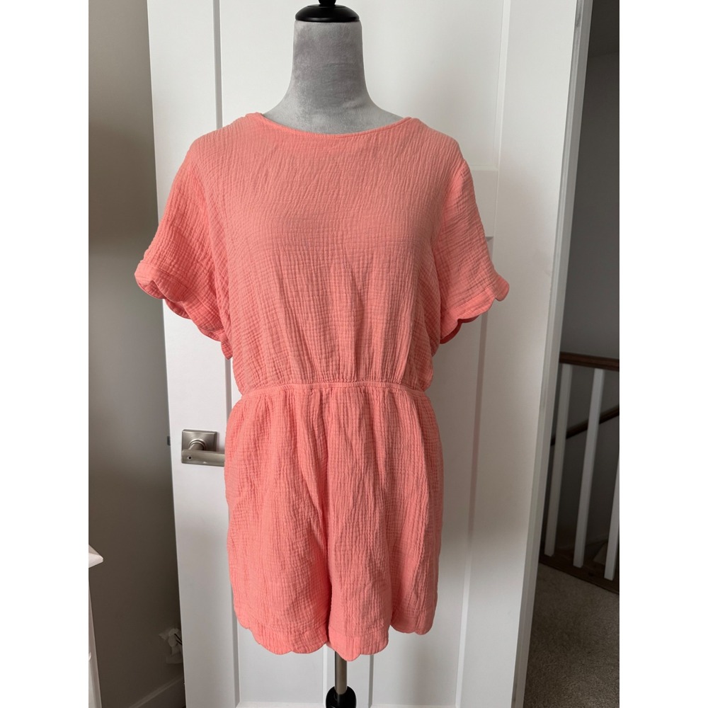 Chic Soul Coral Pink Cotton Gauze Scalloped Romper Plus Size 3X Open Back